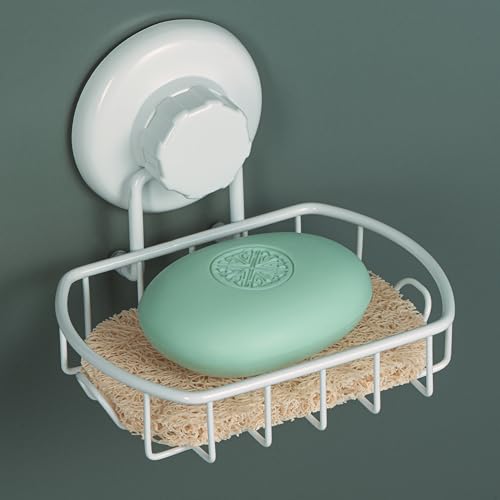 HASKO Suction Cup Soap Dish for Shower Wall, Rustproof Stainless Steel, Shower Soap Holder with Hooks for Bathroom, Includes Optional No Drill Adhesive Mount and Soap Saver, White - color: White