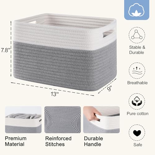 4 Pack Storage Baskets for Organizing, Woven Baskets for Shelves - Perfect for Toys, Books, Towels, and Clothes, Durable Gift Basket Bins Toy Storage, 12.7''L x9''W x7.8''H, Grey and White - color: Grey & White, size: Small/12.7''Lx9''Wx7.8''H