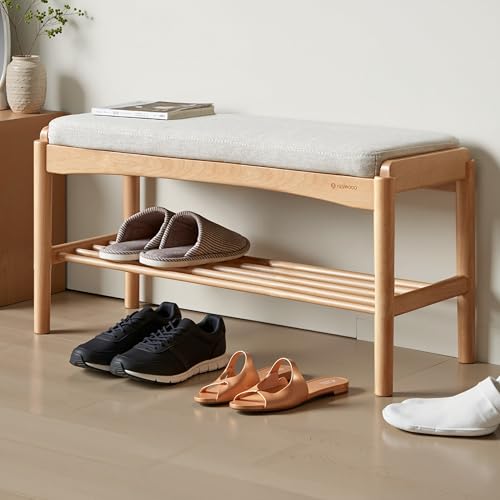 Solid Wood Shoe Bench Assembled, Shoe Rack Bench with Cushion for Entryway, Living Room, Bedroom, Hallway, 11.8" x 31.5" x 16.5", Natural - color: Natural + Light Gray, size: 31.5"