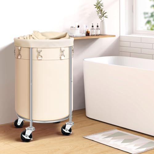 Laundry Hamper with Wheels, 100L Round Rolling Laundry Basket Sorter with Removable Bag, Clothes Cart Organizer with Steel Frame for Bedroom, Bathroom, Laundry Room, Beige - color: Beige