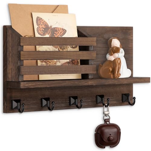 Key Holder Wall Mount, Mail Organizer for Wall with 5 Square Rustic Key Hooks Key Shelf Farmhouse Home Decor for Entryway - color: Brown