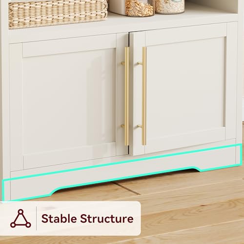 IDEALHOUSE Bakers Rack with Storage Cabinet, Microwave Stand with Power Outlets, Farmhouse Bakers Rack with Thick Table Top, Small Kitchen Bakers Rack for Kitchen,Dining Room,White & Peer Wood - color: White & Peer Wood, size: with 2 Wood Door