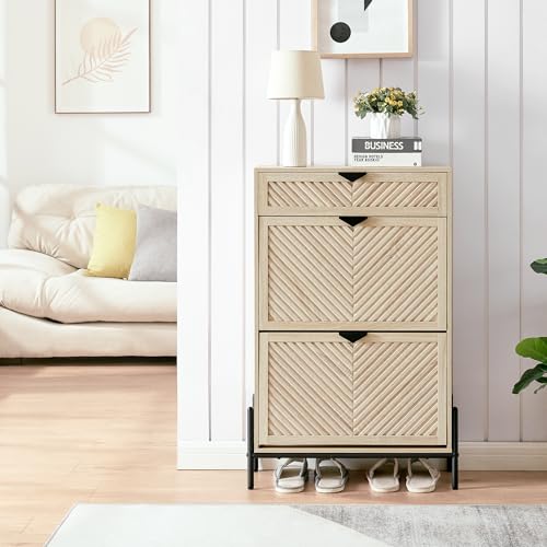 Shoe Cabinet Storage with 2 Flip Drawers, Narrow Hidden Shoes Cabinet Organizer for Entryway, Freestanding Slim Shoe Rack Front Door Entrance(Oak) - color: Oak, size: Medium