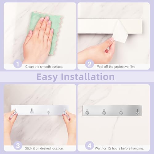 VIS'V Key Holder Wall Mount, Large Metal Self Adhesive Key Hanger with 4 Hooks, No Drilling, Extra Adhesive Strip, Silver - color: Silver