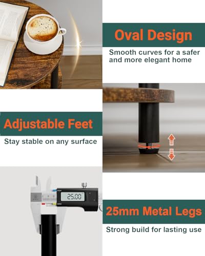 Round Small Side Table - 3 Tier Oval Accent Table for Small Spaces, Rustic Wood and Metal Couch End Table, Nightstand for Bedroom or End Table Living Room, Easy to Assemble, Rustic Brown - color: Rustic Brown, size: 1-Pack, style: Without Power Outlets