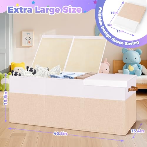 Extra Large Toy Storage Box with Lid, Collapsible Sturdy Toy Chest Storage Organizer Bin Basket with Divider for Kids, Boys, Girls, Closet, Playroom, Bedroom, Nursery, 40"X14"X16", Beige & White - color: Extra Large Beige & White