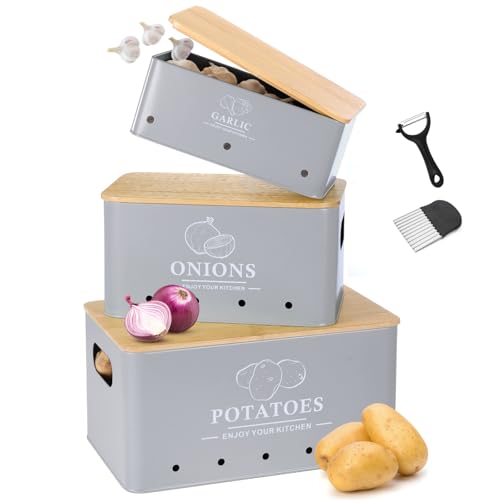 Kitchen Vegetable Storage Set of 3, Metal Onion Garlic Potato Storage Set, Kitchen Canisters Vegetable Keeper Containers with Aerating Holes and Wooden Lid (Grey) - color: Grey
