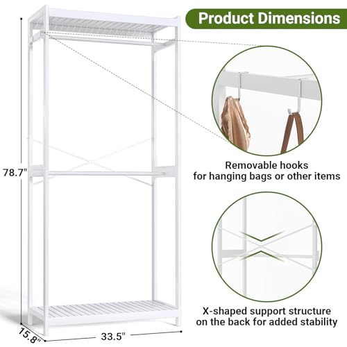Homykic Bamboo Clothes Rack with Shelves and Double Hang Rods, Portable Closet System Garment Rack for Hanging Clothes, Tall Clothing Rack Corner Closet Organizer, Easy to Built, Freestanding, White - color: White, size: Standard