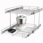 DINDON 2 Tier Pull Out Cabinet Organizer (14" W X 18" D), Double Tier Wire Basket Slide Out Shelf Storage for Kitchen Base Cabinet Organization for Kitchen, Pantry, Bathroom, Chrome - size: 14'' W X 18'' D