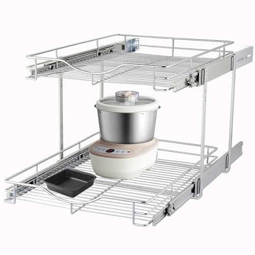DINDON 2 Tier Pull Out Cabinet Organizer (14" W X 18" D), Double Tier Wire Basket Slide Out Shelf Storage for Kitchen Base Cabinet Organization for Kitchen, Pantry, Bathroom, Chrome - size: 14'' W X 18'' D