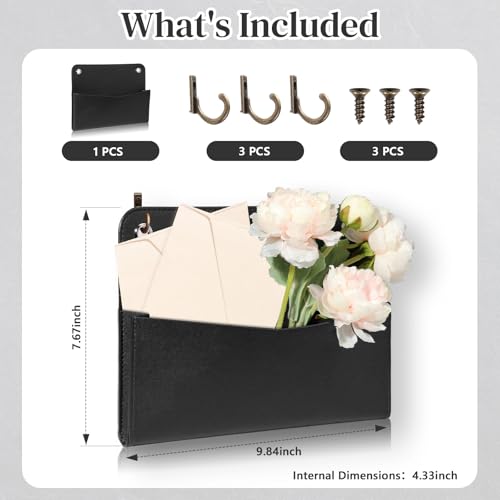 Wall Mount PU Leather Mail Holder Black Faux Leather Letter Holder 2 Ring 9.8" x 7.7" x 1.4" File Organizer Stylish Wall Hanging Mail Storage for Flowers Envelope Key Notebooks Home Office Decor - color: Black