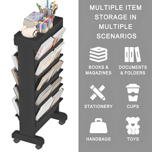 6-Tier Mobile Bookshelf, Rolling Bookcase Book Storage Rack, Movable File Folder Organizer Cart with Wheels for Home Study Office Living Room Classroom, Black - color: Black, size: 6-Tier