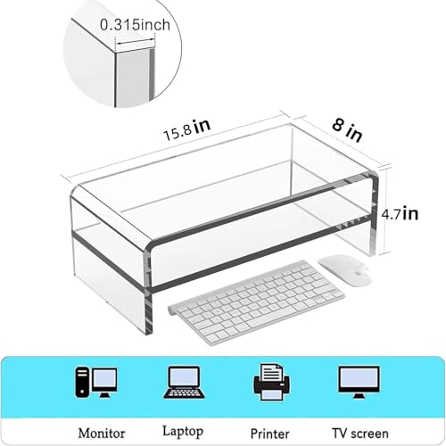 Acrylic Monitor Stand, 2 Tier Riser with Storage Shelf, Clear, 16/20 Inch, Home Office Desk Organizer (16in) - size: 16in