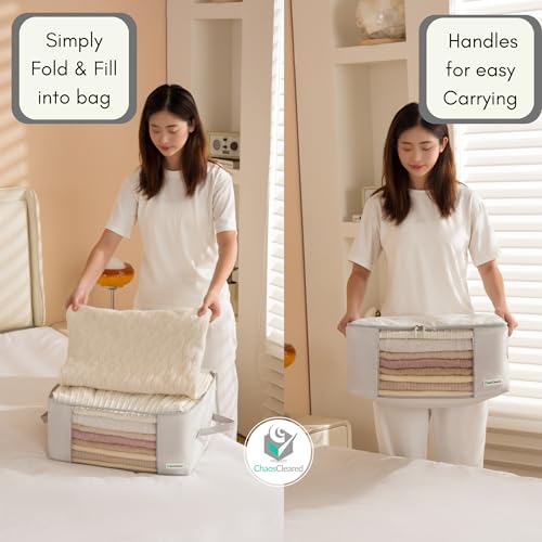 2 Pack Clothing Storage Bags Clothes Organizer folding fabric bags for sweaters, clothing, garment, bedding, quilt, linens, large folding organizers with zip & window, mothproof underbed space savers - color: Grey