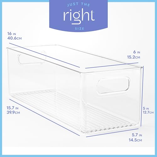 Plastic Food Storage 2 Pack Clear Container Bin with Handles for Organizing Kitchen, Pantry, Refrigerator, Freezer, Pantry, Cabinet, Closet, Bathroom. 16”x6”x5” - size: 16x6x5