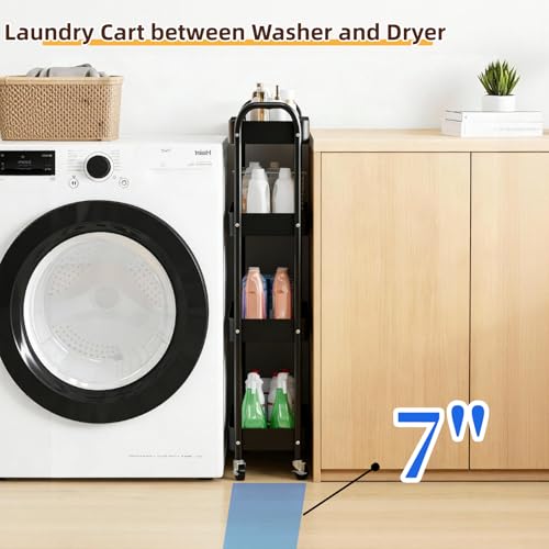 4 Tier Slim Storage Cart with Wheels for Laundry Room Between Washer and Dryer, 7.1'' Narrow Rolling Cart with Wheels and Lockable Casters, Metal Thin Standing Shelf for Small Space, Black - color: Black, size: 4 tier