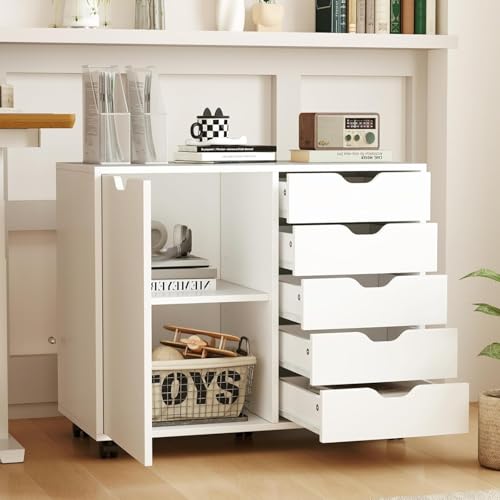 5-Drawer Wood Drawer Cabinet, Office Storage Cabinet with Adjustable Shelf & Wheels, Printer Stand for Home Office, White, 15.7" D x 30.7" W x 25.4" H - color: White
