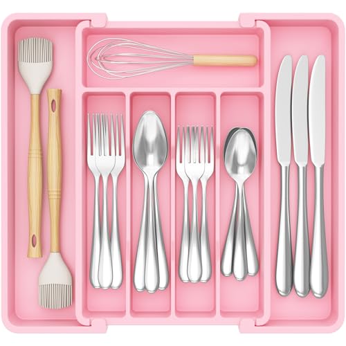 Lifewit Silverware Drawer Organizer, Expandable Utensil Tray for Kitchen, BPA Free Flatware and Cutlery Holder, Adjustable Plastic Storage for Spoons Forks Knives, 8.5"-14.1" x 12.1", Pink - color: Pink, size: Medium (8.5-14''W x 12''D)