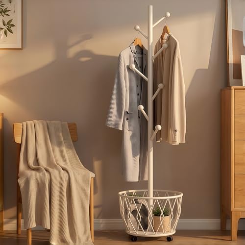 Freestanding Metal Coat Rack Stand with Basket Modern Organizer for Scarf Jacket Hat Bags Ideal for Home Entryway Bedroom Corner Stable and Moveable tree (white) - color: white