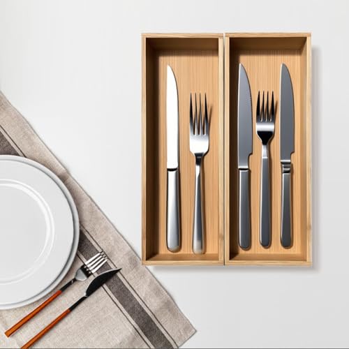 guiogc Bamboo Drawer Silverware Organizer, Silverware Tray, Flatware Organizer, Bamboo Storage Box Suitable for Office, Bathroom and other objects storage (9.85"x3.55"x1.78"- Set of 2) - size: 9.85" x 3.55" x 1.78"