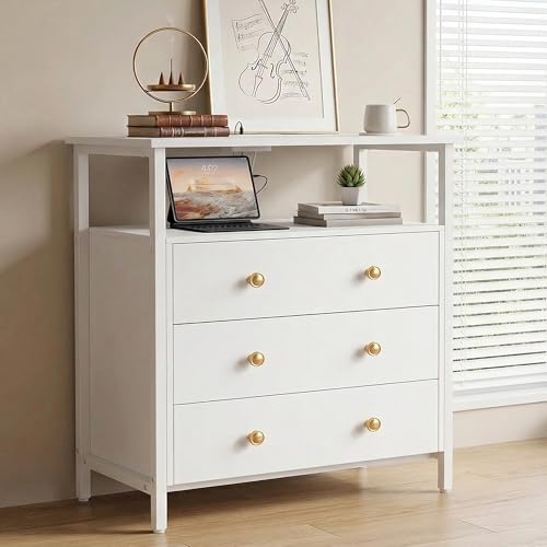 Edbuosy 3 Wooden Drawers Night Stand, 27 Inch Wide Nightstand with Charging Station and Adjustable Drawers, Small Dresser for Closet, Bedside Table for Living Room/Bedroom/Office, White. - color: White, size: 3 Drawers