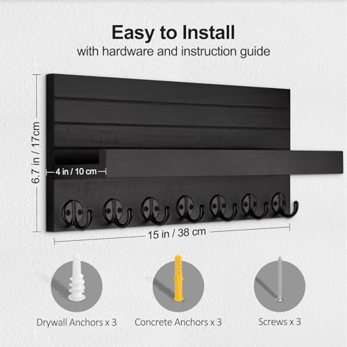 Lwenki Key Holder Wall Mount, Entryway Key and Mail Holder with 7 Sturdy Hooks for Sunglasses, Dog Leash, Decorative Wall Shelf with Mounting Hardware, 15”W x 6.7”H x 4.2”D - color: Black