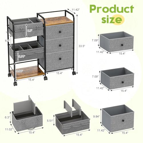 Cidaziya 2In1 Baby Diaper Caddy Organizer and Storage, 3 Tier Rolling Cart with Dividers and Drawers, Mobile Utility Cart Baby Dresser Clothes Organizer for Changing Table, Crib Nursery, Bedroom, Grey - color: Grey, size: 32.48"W x 11.42"D x 33.5"H