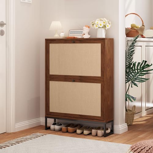 Narrow Slim Shoe Storage Cabinet with Flip Drawer, 25.6" W Hidden Shoe Cabinet for entryway, Linen Decor Shoe Organizer with Metal Base for Small Space (Walnut, 2-Drawer-No Divider) - color: Linen-walnut, size: 2-Drawer-No Divider