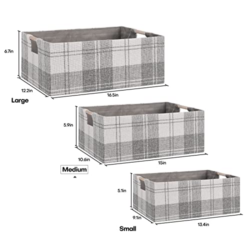 Fabric Storage Bin Box Collapsible Cotton Linen Storage Cube with Wooden Handles Rectangular Decorative Home Organizer Clothes Blanket Basket– Light Gray Plaid, Medium - color: Light Gray Plaid, size: Medium