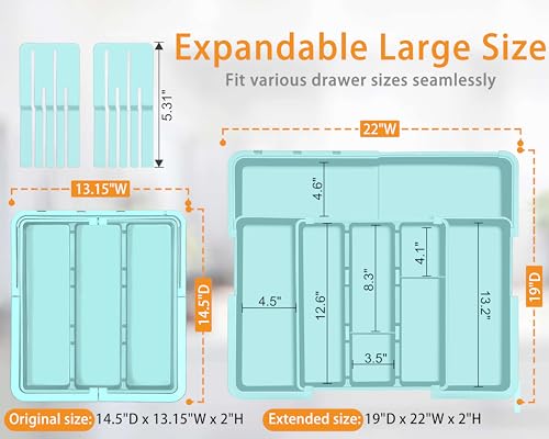 Homecor Utensil Drawer Organizer for Kitchen, Expandable Silverware Organizer Cooking Utensils Tray, Large Cutlery and Flatware Holder, Kitchen Tools & Gadgets Storage (Turquoise) - color: Turquoise