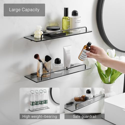 Voldra Glass Shelf for Bathroom, 2 Pack Adhesive Shower Shelves for Inside Shower No Drilling, Tempered Glass Showers Organizer with Guardrail Bathroom Shelf Storage Rack (Black) - color: Glass-Rectangle, size: 2 Pack