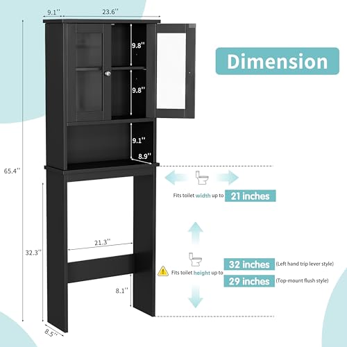 Shintenchi Over The Toilet Storage Cabinet, Bathroom Shelf Organizer with Anti-Tip Device Small Freestanding Space Saver with Adjustable Shelf and Glass Door, Black - color: Black, size: Glass Door