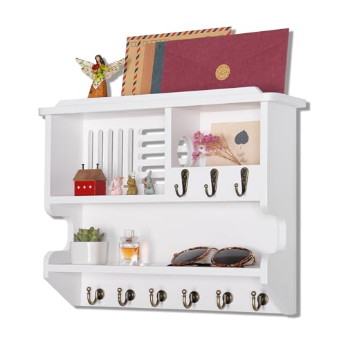 Key Holder for Wall, Mail and Key Holder for Home Decor, Key and Mail Holder for Wall with Key Hooks, White - color: White