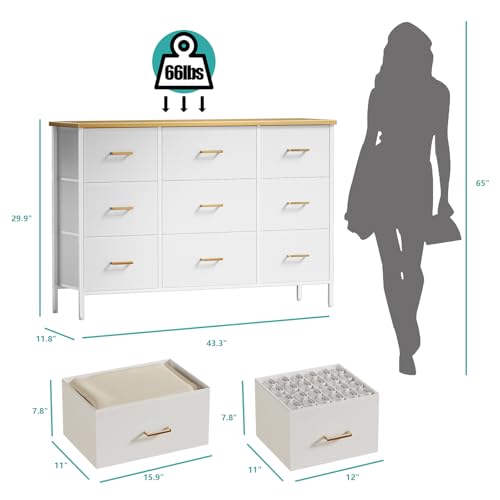 VASICAR Wide TV Stand Modern TV Console, 9 Drawers Dresser for Bedroom, Fabric Storage Cabinet, Chest of Drawers for Closet, Nursery, Living Room（Classic White） - color: White-retro Top