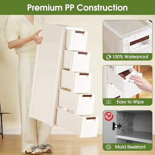 5 Drawers Narrow Storage Cabinet, Slim Bathroom Storage Cabinet, Plastic Rolling Cart Organizer for Small Spaces, Laundry, Office, Home, White - size: 5 Drawer