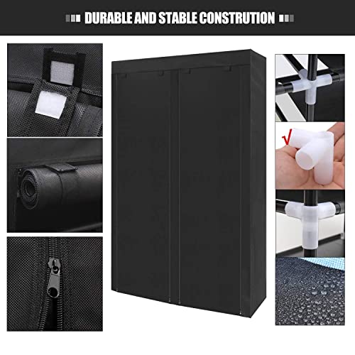 ERONE Shoe Rack Storage Organize, 28 Pairs Portable Double Row with Nonwoven Fabric Cover Shoe Shelf Cabinet for Closet - color: Black