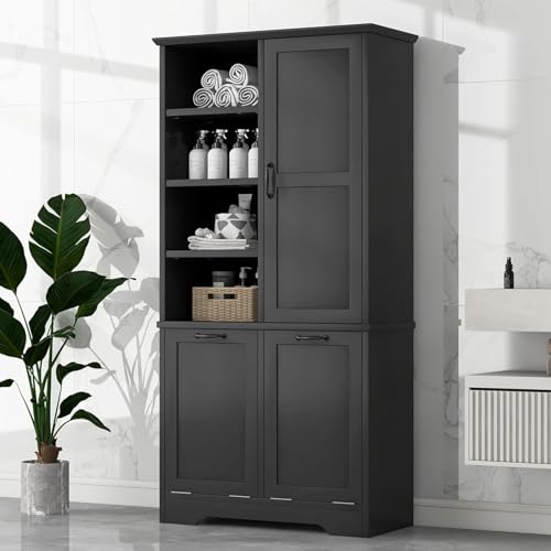 Virubi Tall Bathroom Laundry Hamper Cabinet with 2 Tilt Out Hamper, Wood Tall Bathroom Laundry Room Storage Cabinet with Adjustable Shelves, Freestanding (Black) - color: Black, size: 31"x14"x68"