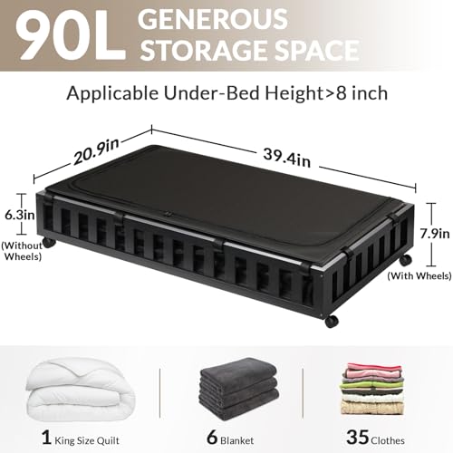 Gashell 2 Pack Bamboo Under Bed Storage with Wheels, 39”x20”x7.8” Lager Under Bed Storage Containers (Black) - color: Black