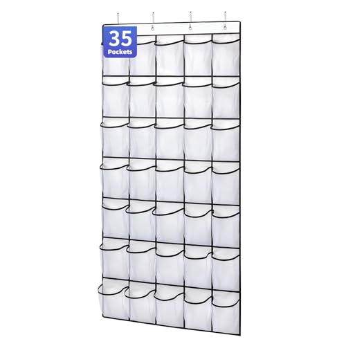SAVERHO 35 Pockets Over the Door Shoe Organizer, Hanging Shoe Organizer for Door with 35 Mesh Pockets Large Capacity Shoe Hanging Storage Bag with 4 Metal Hooks (White-1Pack) - color: White-1pack of 35 pocket