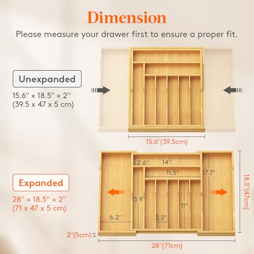 Lifewit Silverware Drawer Organizer, Expandable Utensil Tray for Kitchen, Flatware and Cutlery Holder, Wood Adjustable Storage for Spoons Forks Knives, 17-28 x 18.5, Natural - color: Natural, size: 17~28''W x 18.5''D