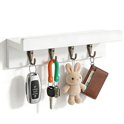 Gulex Key Holder Wall Mount, Rustic Wood Key Holder for Wall with 4 Hooks for Key Hanger to Organize Keys and Mail, Room Decor Key Hanger(White) - color: White