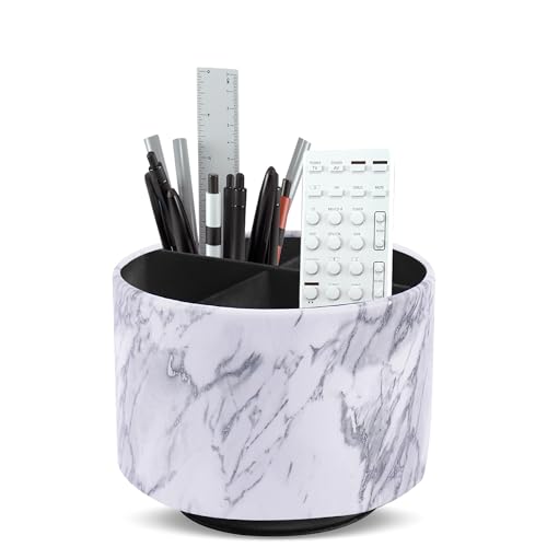 Round Leather Art Supply Organizer,Remote Control Holder,360-degree Rotating Pen Organizer with 4 Compartments(1-Marble White Silver) - color: 1-Marble White Silver