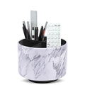 Round Leather Art Supply Organizer,Remote Control Holder,360-degree Rotating Pen Organizer with 4 Compartments(1-Marble White Silver) - color: 1-Marble White Silver