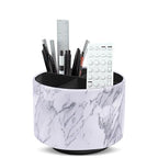 Round Leather Art Supply Organizer,Remote Control Holder,360-degree Rotating Pen Organizer with 4 Compartments(1-Marble White Silver) - color: 1-Marble White Silver