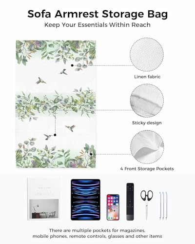 Sofa Armrest Organizer Bedside Caddy, Green Botanical Non Slip Couch Remote Control Holder for Recliner, Watercolor Green Eucalyptus Leaves Birds Arm Chair Caddy with Pocket, 19.7"x35" - size: 19.7x35 in