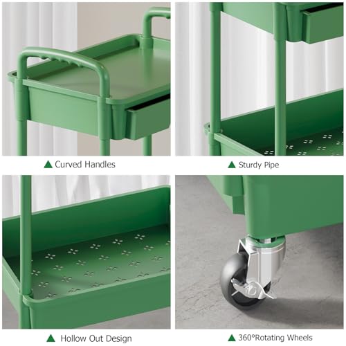 3 Tier Rolling Utility Cart with Drawer, Plastic Storage Organizer Rolling Carts with Wheels Handles Hanging Cups Hooks for Office, Bathroom, Kitchen,Craft Art Room (Green) - color: Green, size: 3-Tier