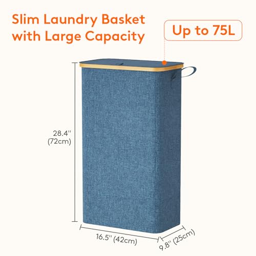 Lifewit 75L Slim Laundry Hamper with Lid, Narrow Laundry Basket with Removable Bag & Bamboo Handles, Fodable Thin Dirty Clothes Hamper for Laundry Collapsible Bin for Bathroom Bedroom Dorm, Dark Blue - color: Dark Blue, size: 75L