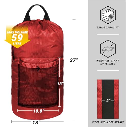 Laundry Bag with Shoulder Straps and Mesh Pocket Laundry Backpack Large Portable Laundry Hamper for College Laundromat Apartment (Red) - color: Red