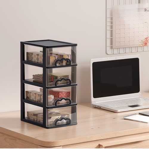 Cididu Desktop Organizer with 4 Drawers, Clear Plastic Storage Drawer Unit, Small Desk Organizer Storage Box, Durable Storage Bin Container Case for Countertop Stationery Pens Makeup Office Supplies