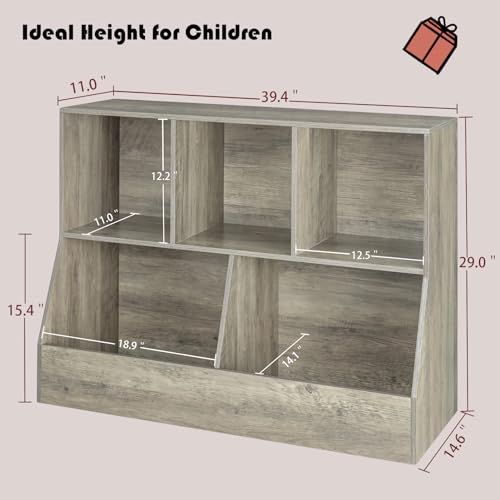 DINZI LVJ Toy Storage Organizer, Kids Bookshelf, Wood Toy Storage Cabinet, 5 Cubby Children Bookcase, 39.4" L Toddler Book Shelf for Playroom, Living Room, Nursery, Hallway, School, Gray Wash - color: Gray Wash, size: 2-Tier 39.4"